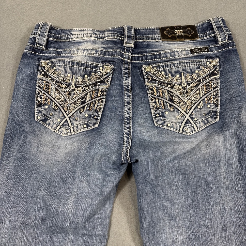 Miss Me Women's 30 Chloe Boot Jeans Blue Embroidered RHINESTONES SEQUINS